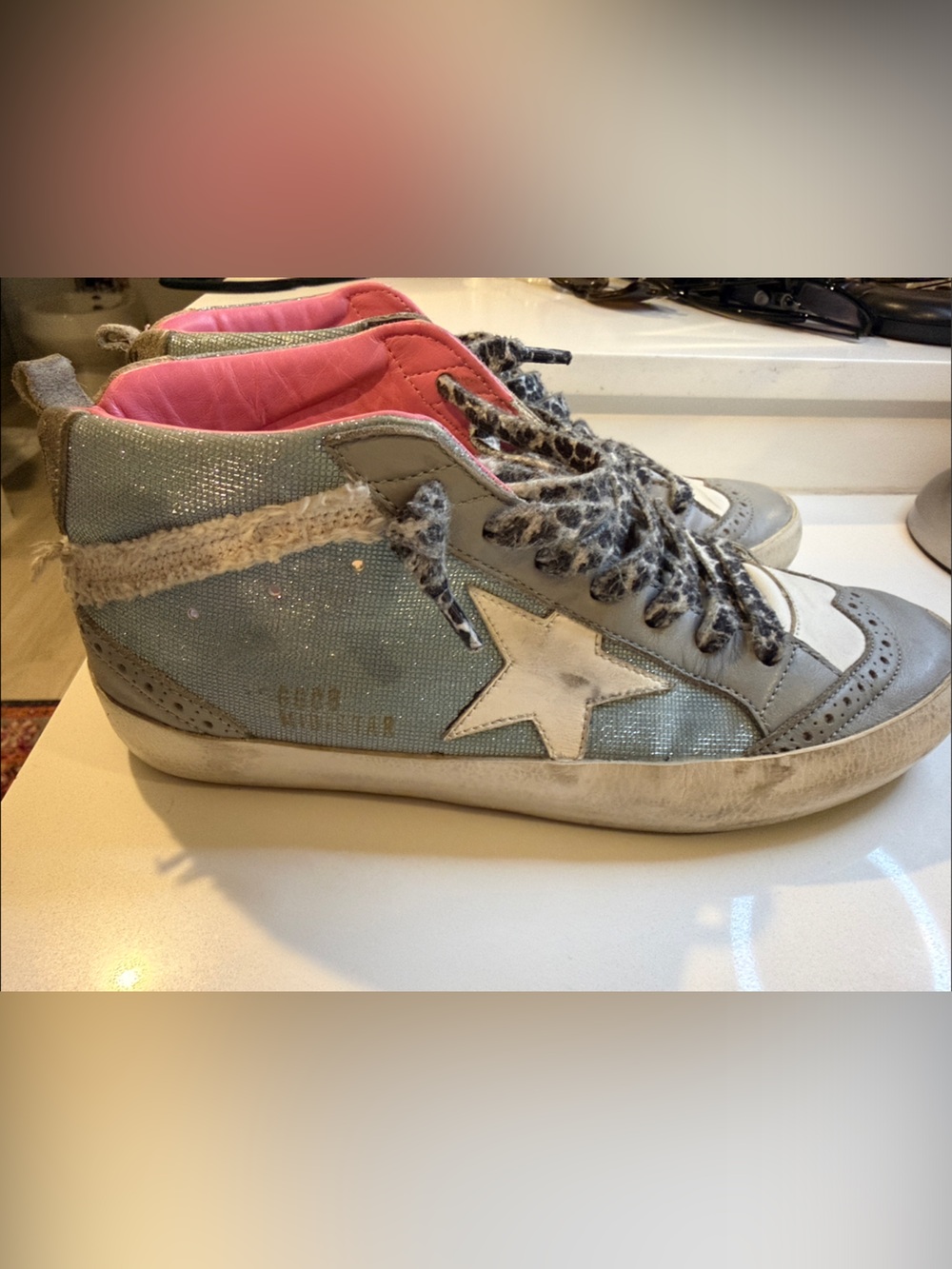 Golden Goose Kids Glitter Star High-Top Sneakers in Light Blue & Pink